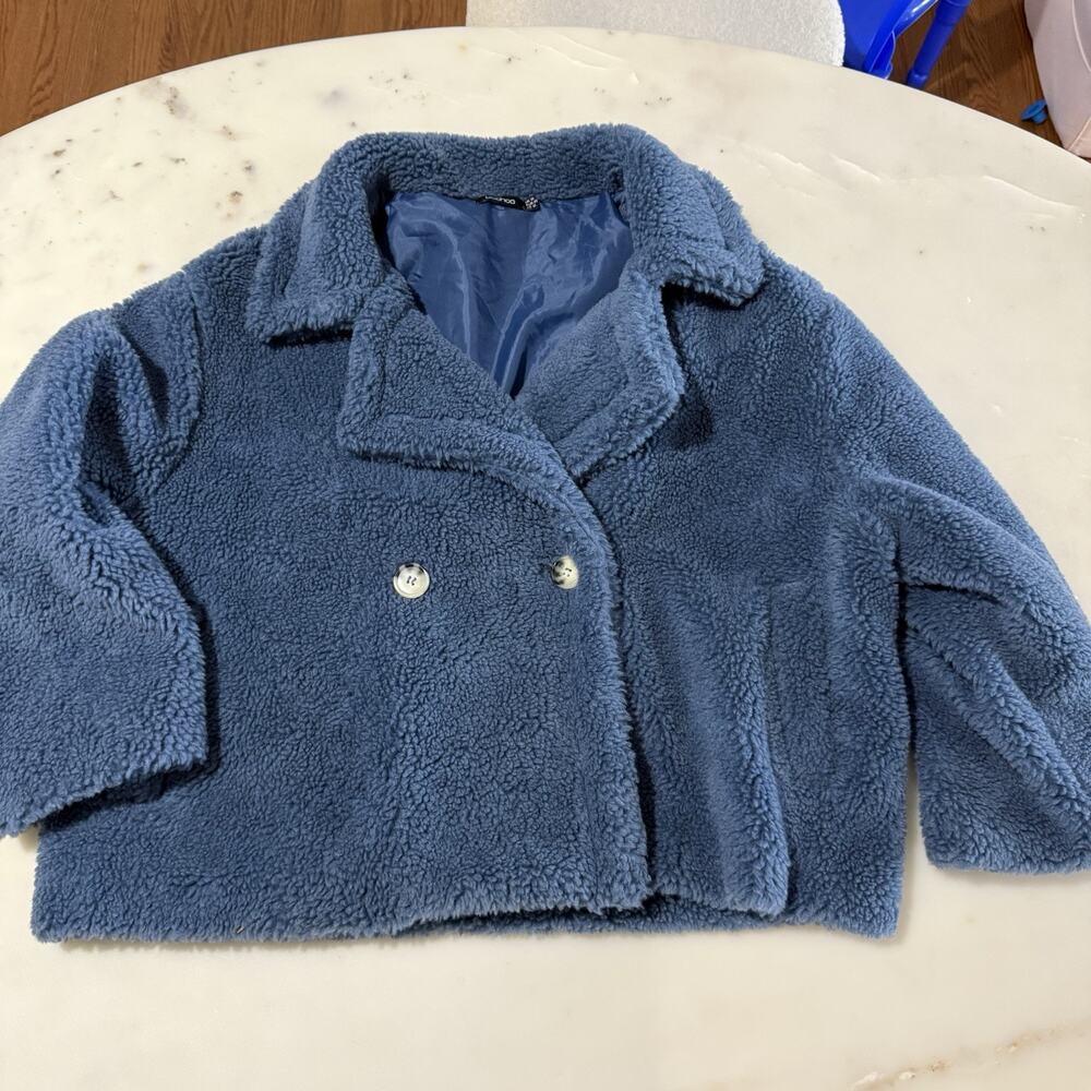 Boohoo Women’s 10 Blue Teddy Bear Faux Fur Jacket Cozy Relaxed Fit Quality